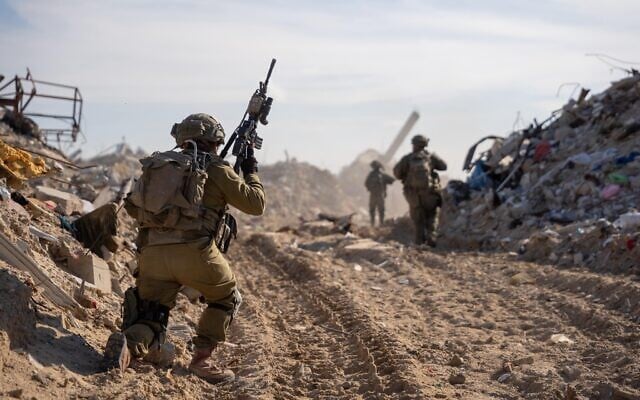 IDF troops operate in the Gaza Strip, in a handout photo published on April 18, 2025. (Israel Defense Forces)