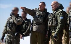 IDF Chief of Staff Lt. Gen. Eyal Zamir (center) meets with the chief of the Northern Command, Maj, Gen. Ori Gordin and other officers in southern Syria, April 20, 2025. (Israel Defense Forces)