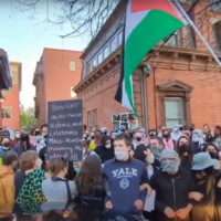 Anti-Israel protesters gather outside an event featuring National Security Minister Itamar Ben-Gvir during his visit to Yale University in New Haven, Connecticut, on April 23, 2025. (Screen capture: CT Insider/YouTube)