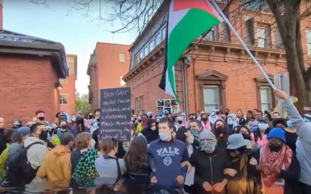 Anti-Israel protesters gather outside an event featuring National Security Minister Itamar Ben-Gvir during his visit to Yale University in New Haven, Connecticut, on April 23, 2025. (Screen capture: CT Insider/YouTube)