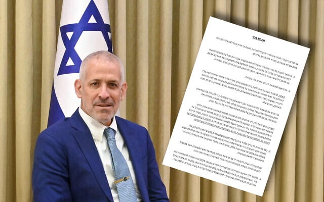 Shin Bet chief Ronen Bar and his affidavit, which was submitted to the High Court of Justice on 21 April 2025 (Photo of Ronen Bar by Kobi Gideon / GPO; combo illustration by ToI)
