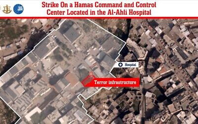 An IDF infographic shows the location of a strike on a Hamas command center at the Al-Ahli Hospital in Gaza City, April 13, 2025. (Israel Defense Forces) An IDF infographic shows the location of a strike on a Hamas command center at the Al-Ahli Hospital in Gaza City, April 13, 2025. (Israel Defense Forces)