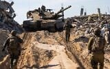 Troops of the 205th Reserve Armored Brigade operate in southern Gaza's Rafah, in a handout photo issued by the IDF on April 27, 2025. (Israel Defense Forces)