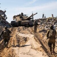Troops of the 205th Reserve Armored Brigade operate in southern Gaza's Rafah, in a handout photo issued by the IDF on April 27, 2025. (Israel Defense Forces)