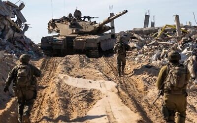Troops of the 205th Reserve Armored Brigade operate in southern Gaza's Rafah, in a handout photo issued by the IDF on April 27, 2025. (Israel Defense Forces)