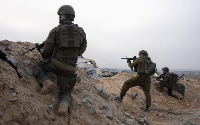 IDF troops of the 401st Armored Brigade operate in the northern Gaza Strip in a handout photo issued on April 4, 2025. (Israel Defense Forces)