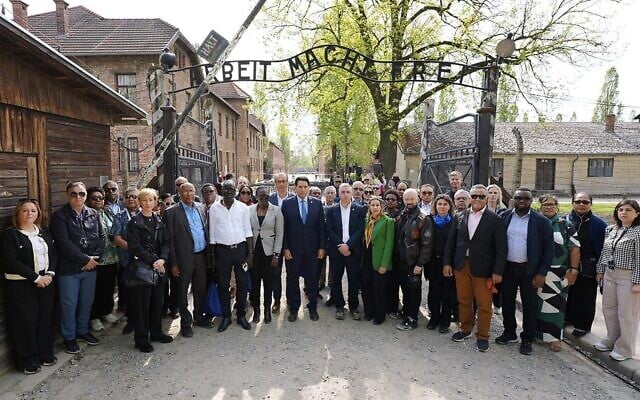 Israeli Ambassador to the UN Danny Danon leads a delegation of UN ambassadors participating in the annual March of the Living ceremony at the Auschwitz concentration camp in Poland, April 23, 2025. (Courtesy of Danny Danon’s office)