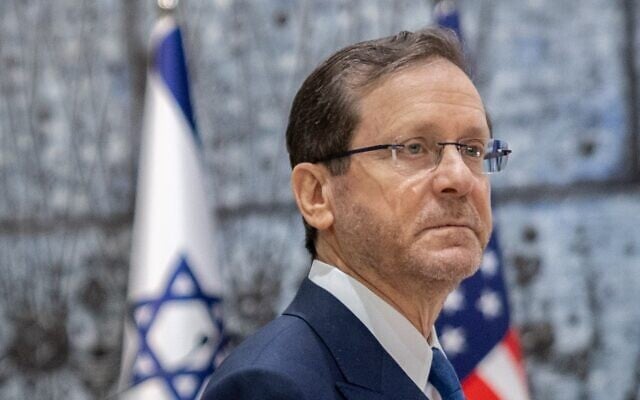 President Isaac Herzog meets with Mike Huckabee (unseen) at the President's Residence in Jerusalem on April 21, 2025. (Chaim Goldberg/Flash90)