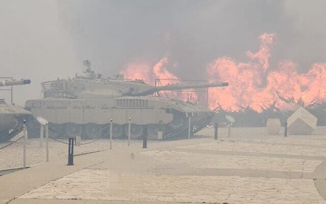 A fire is seen raging near decommissioned tanks at Yad Lashiryon, the Armored Corps Memorial Site and Museum, next to Latrun outside Jerusalem, April 30, 2025. (X; used in accordance with Clause 27a of the Copyright Law)
