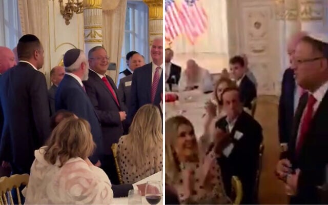 National Security Minister Itamar Ben Gvir arrives to speak at an event at US President Donald Trump's Mar-A-Lago resort in Florida, where he is greeted with applause, April 23, 2025. (X; used in accordance with Clause 27a of the Copyright Law)