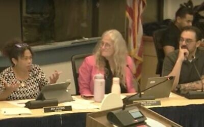 Pajaro Valley Unified School District boarnd members Gabriel Medina, right, and Joy Flynn, left, attend a meeting on April 17, 2025. (Screenshot via YouTube/Pajaro Valley Unified School District)