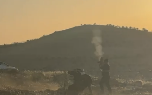 Footage shows a man identified as a settlement security coordinator shooting in the air during a confrontation with Palestinians in the South Hebron Hills on April 17, 2025. (Screen capture: Asya Elias)