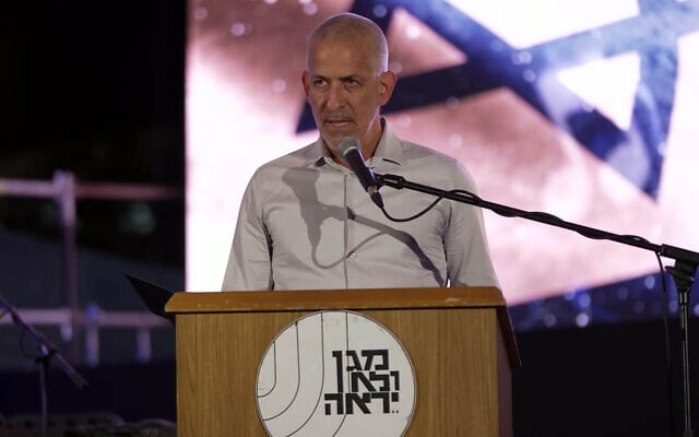 Shin Bet chief Ronen Bar announces that he will step down from his position on June 15, in an address at a memorial event for fallen Shin Bet personnel, April 28, 2025 (Screenshot)