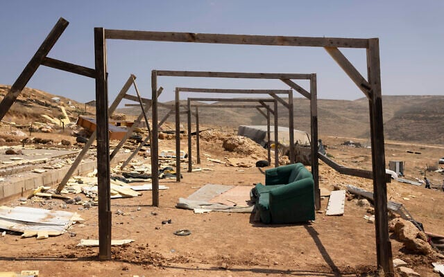 Debris from the ruined homes of Bedouins in the Ein Samia community east of Ramallah, May 2023. (Oren Ziv/+972 Magazine).