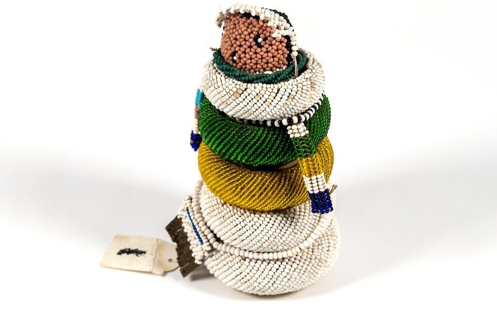 A beaded fertility doll from South Africa, shown in 'Africa Calling' at the Haifa Museum of Art through January 3, 2025 (Credit Yvgeny Idel)
