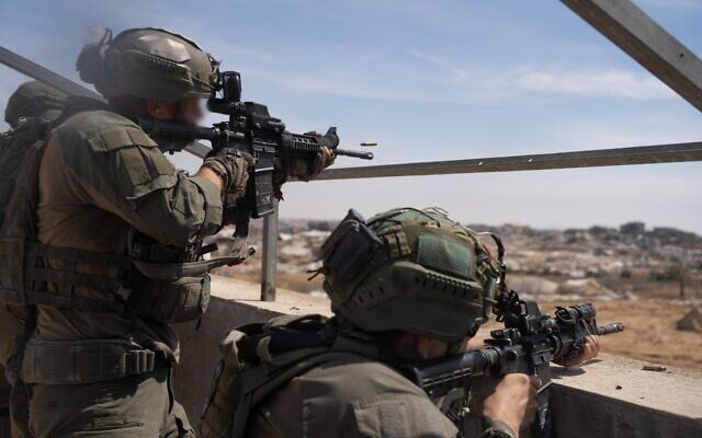 IDF troops operate in the Gaza Strip in a handout photo published on May 15, 2025. (Israel Defense Forces)