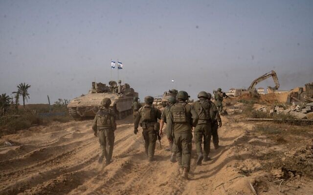 Troops of the 162nd Division operate in northern Gaza, in a handout photo published on May 20, 2025. (Israel Defense Forces)