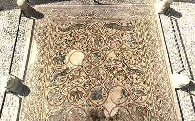 A 1,600-year-old mosaic discovered in a Byzantine monastery is on display for the first time at Merhavim Regional Council’s headquarters in Western Negev, the Israel Antiquities Authority announced on May 27, 2025. (Emil Aladjem/Israel Antiquities Authority)