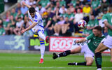 Israeli midfielder Manor Solomon of Leeds United has a shot at goal during the Championship match between Plymouth Argyle and Leeds United on May 3, 2025, Home Park, Plymouth, Devon. (IMAGO/PPAUK via Reuters Connect)