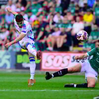 Israeli midfielder Manor Solomon of Leeds United has a shot at goal during the Championship match between Plymouth Argyle and Leeds United on 3rd May 2025, Home Park, Plymouth, Devon. (IMAGO/PPAUK via Reuters Connect)