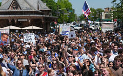 A crowd celebrates the release of hostage Edan Alexander in his hometown of Tenafly, New Jersey, May 12, 2025. (Lokman Vural Elibol / Anadolu / via Reuters)