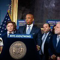 New York City Mayor Eric Adams announces the creation of an antisemitism task force in City Hall, New York City, May 13, 2025. (Luke Tress/Times of Israel)