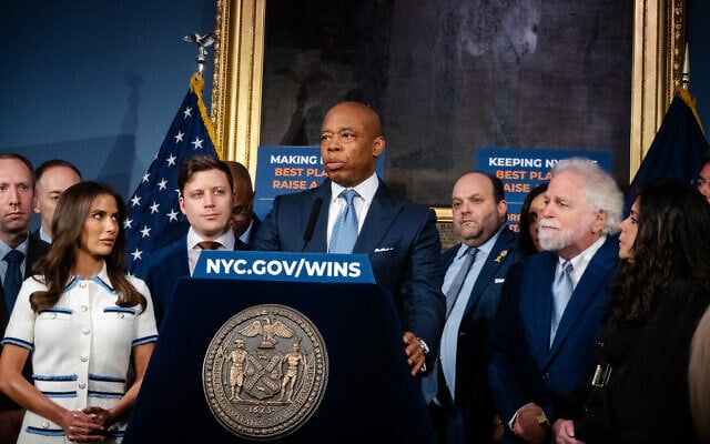 New York City Mayor Eric Adams announces the creation of an antisemitism task force in City Hall, New York City, May 13, 2025. (Luke Tress/Times of Israel)