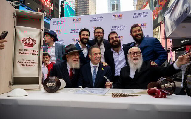 Former New York State governor Andrew Cuomo at an event marking the completion of a new Torah scroll, in New York City, May 15, 2025. (Luke Tress/Times of Israel)