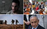 Clockwise from top left: Hostage Matan Zangauker speaks in a Hamas propaganda video issued on December 7, 2024. (Screenshot: Telegram); Palestinians receive meals from volunteers in Deir al-Balah, in the Gaza Strip, on April 19, 2025. (Ali Hassan/Flash90); Prime Minister Benjamin Netanyahu arrives at the District Court in Tel Aviv on May 19, 2025. (Miriam Alster/Flash90); Israeli soldiers operating in Beit Lahia, in the northern Gaza Strip, on November 28, 2024 (Oren Cohen/Flash90).