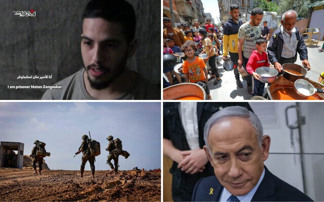 Clockwise from top left: Hostage Matan Zangauker speaks in a Hamas propaganda video issued on December 7, 2024. (Screenshot: Telegram); Palestinians receive meals from volunteers in Deir al-Balah, in the Gaza Strip, on April 19, 2025. (Ali Hassan/Flash90); Prime Minister Benjamin Netanyahu arrives at the District Court in Tel Aviv on May 19, 2025. (Miriam Alster/Flash90); Israeli soldiers operating in Beit Lahia, in the northern Gaza Strip, on November 28, 2024 (Oren Cohen/Flash90).