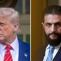 Left to right: US President Donald Trump takes questions outside the West Wing of White House in Washington, DC, on May 8, 2025. (Jim WATSON / AFP); Syria's interim President Ahmad al-Sharaa listens during a joint press conference with French President Emmanuel Macron after a meeting at the Elysee Palace in Paris, May 7, 2025. (Stephanie Lecocq/Pool via AP)
