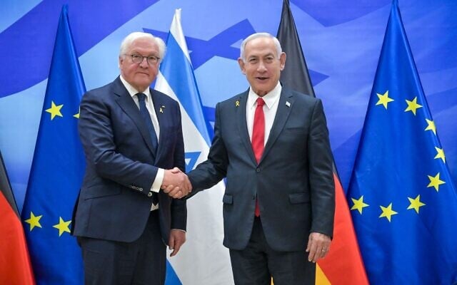 Prime Minister Benjamin Netanyahu, right, meets German President Frank-Walter Steinmeier at the premier’s office in Jerusalem, May 13, 2025. (Kobi Gideon/GPO) Prime Minister Benjamin Netanyahu, right, meets German President Frank-Walter Steinmeier at the premier’s office in Jerusalem, May 13, 2025. (Kobi Gideon/GPO)