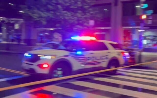 A police vehicle is seen at the scene of a deadly shooting near the Jewish Museum in Washington, May 21, 2025. (X screenshot)