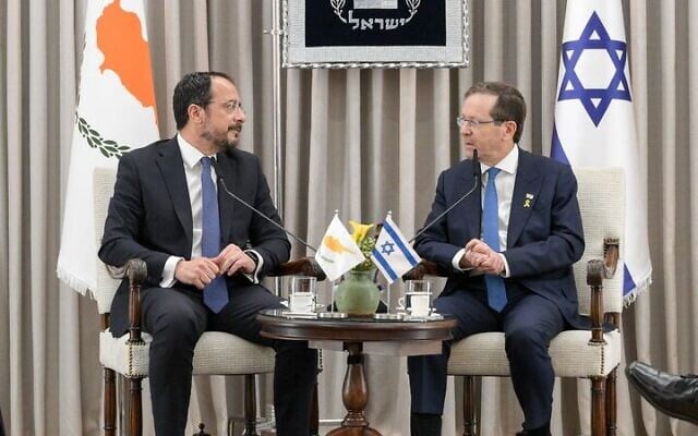 President Isaac Herzog (R) meets with Cypriot President Nikos Christodoulides at the President’s Residence in Jerusalem, May 4, 2025. (Maayan Toaf/GPO) President Isaac Herzog (R) meets with Cypriot President Nikos Christodoulides at the President’s Residence in Jerusalem, May 4, 2025. (Maayan Toaf/GPO)