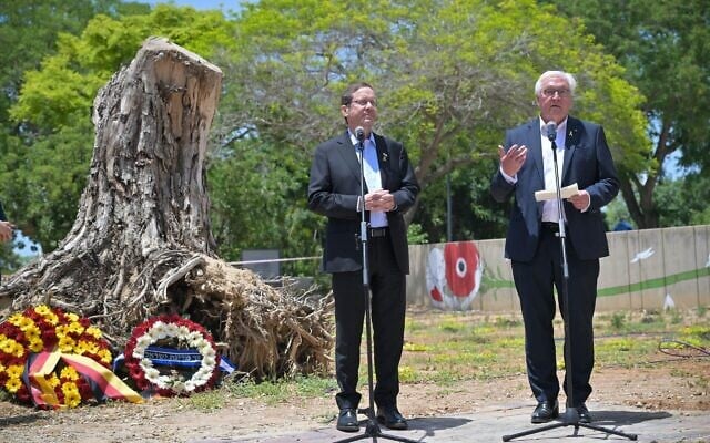 This handout photo shows President Isaac Herzog (left) and his German counterpart Frank-Walter Steinmeier visiting Kibbutz Be'eri in southern Israel, which was devastated by the Hamas-led October 2023 terror onslaught, on May 14, 2025. (Kobi Gideon/GPO)