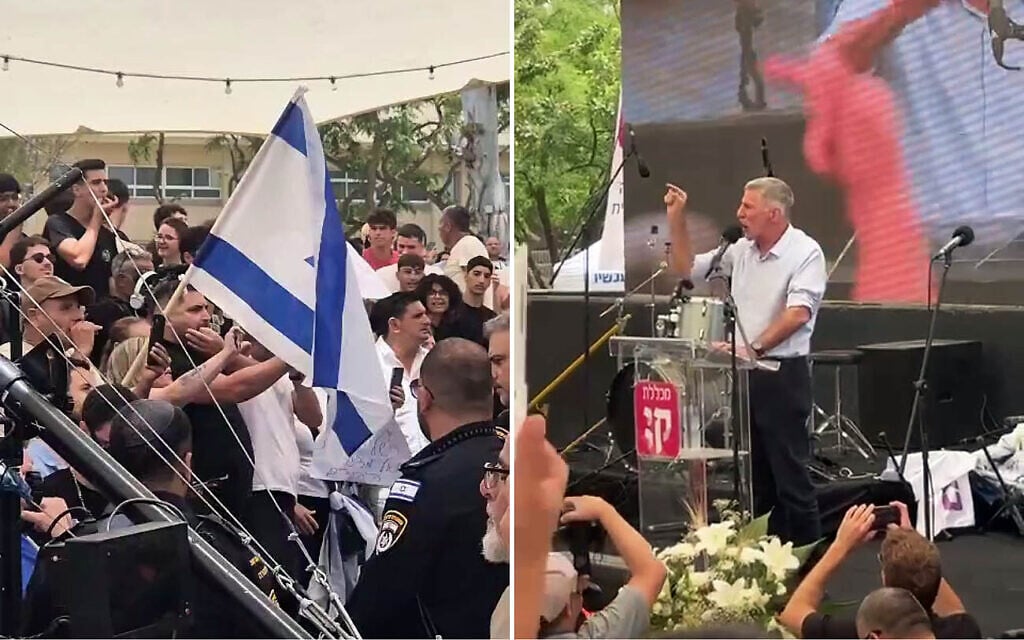Yair Golan (right) speaks at a conference in Beersheba as hecklers call him a traitor, on May 27, 2025. (screen capture: Kaye College's Sderot Conference via Facebook)
