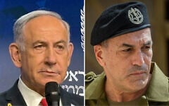 Left to right: Prime Minister Benjamin Netanyahu holds a press conference at his office in Jerusalem, May 21, 2025. (Nava Freiberg/Times of Israel); IDF Chief of Staff Lt. Gen. Eyal Zamir in Jerusalem on March 5, 2025. (Yonatan Sindel/Flash90)