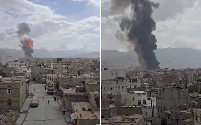 A screenshot from social media said to show Israeli strikes on Sanaa International Airport and other targets in Yemen's Houth-controlled capital, May 6, 2025. (X screenshot)