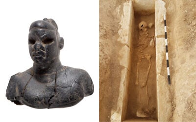 Left: Ebony figurine discovered in an excavation at Tel Malhata in the Negev. Right: Tomb excavated at the site of Tel Malhata in the Negev. (Dafna Gazit, Israel Antiquities Authority; Svetlana Talis/Israel Antiquities Authority)