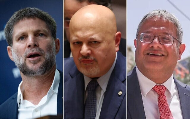 Left to right: Finance Minister Bezalel Smotrich leads a faction meeting at the Knesset in Jerusalem, May 5, 2025 (Yonatan Sindel/Flash90); International Criminal Court Chief Prosecutor Karim Khan attends a UN Security Council meeting at UN headquarters in New York, January 27, 2025 (Michael M. Santiago/Getty Images/AFP); National Security Minister Itamar Ben Gvir visits the Temple Mount in Jerusalem's Old City, on Jerusalem Day, May 26, 2025 (Yonatan Sindel/Flash90). Left to right: Finance Minister Bezalel Smotrich leads a faction meeting at the Knesset in Jerusalem, May 5, 2025 (Yonatan Sindel/Flash90); International Criminal Court Chief Prosecutor Karim Khan attends a UN Security Council meeting at UN headquarters in New York, January 27, 2025 (Michael M. Santiago/Getty Images/AFP); National Security Minister Itamar Ben Gvir visits the Temple Mount in Jerusalem's Old City, on Jerusalem Day, May 26, 2025 (Yonatan Sindel/Flash90).