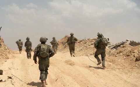 Reservists of the Jerusalem Brigade operate in the northern Gaza Strip, in a handout photo issued by the IDF on May 15, 2025. (Israel Defense Forces)