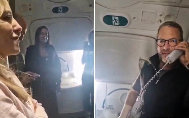 Yael Alexander (center of the picture at left), mother of hostage Edan, listens as US hostage envoy Adam Boehler speaks on a plane to Israel, May 12, 2025 (X screenshot, used in accordance with clause 27a of the copyright law)
