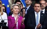 European Commission President Ursula Von der Leyen (left) and Israeli Ambassador to the EU and NATO Haim Regev (right) take part in a tribute to the victims of the October 7 attack, at the European Parliament in Brussels, October 11, 2023. (Kenzo TRIBOUILLARD / AFP)
