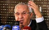 Talal Naji (R), secretary-general of the Popular Front for the Liberation of Palestine-General Command, speaks during a meeting of Palestinian faction leaders in Damascus, Syria, on October 11, 2023. (Louai Beshara/AFP)