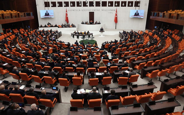 Illustrative: Turkish members of Parliament attend a session to discuss the 2024 Central Government Budget Law Proposal at the General Assembly of the Turkish Grand National Assembly (TBMM) in Ankara on December 11, 2023. (Adem ALTAN / AFP) Illustrative: Turkish members of Parliament attend a session to discuss the 2024 Central Government Budget Law Proposal at the General Assembly of the Turkish Grand National Assembly (TBMM) in Ankara on December 11, 2023. (Adem ALTAN / AFP)
