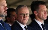 Australian Prime Minister Anthony Albanese (C) along with then-industry and science minister Ed Husic (L) and New South Wales Premier Chris Minns attend the funeral of Pakistani security guard Faraz Tahir at Baitul Huda mosque in Sydney on April 26, 2024. (Saeed KHAN / AFP)