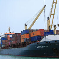 FILE: A cargo ship is docked at the port of Yemen's Houthi-held city of Hodeida on July 28, 2024. (AFP)