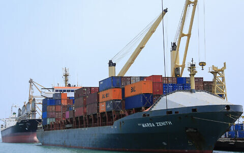FILE: A cargo ship is docked at the port of Yemen's Houthi-held city of Hodeida on July 28, 2024. (AFP)