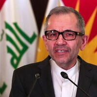 Iran's Deputy Foreign Minister for Political Affairs Majid Takht-Ravanchi,  speaks during a joint press conference with the President of Iraq's autonomous Kurdistan Region in the regional capital Arbil on February 17, 2025. (Safin HAMID / AFP)
