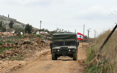 A Lebanese army jeep patrols in the southern Lebanese border village of Sarada after Israeli forces pulled out, on February 19, 2025. (Rabih DAHER / AFP)